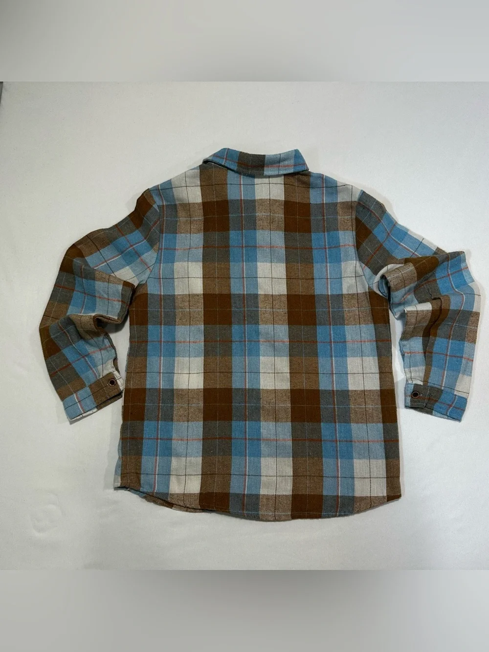 Boys Brown Blue Cream Plaid Button Down Flannel Shirt Size 10Y